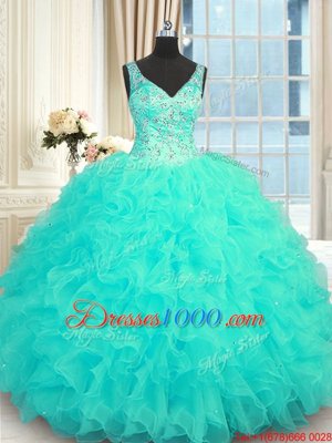 Aqua Blue Sleeveless Floor Length Beading and Ruffles Zipper 15 Quinceanera Dress