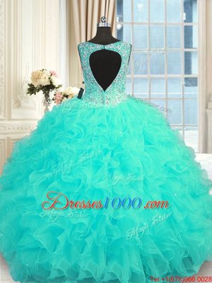Aqua Blue Sleeveless Floor Length Beading and Ruffles Zipper 15 Quinceanera Dress