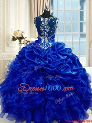 Designer Royal Blue Lace Up Straps Beading and Ruffles and Pick Ups Quinceanera Gowns Organza Sleeveless