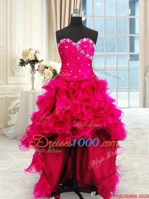 Four Piece Hot Pink Three Pieces Organza Sweetheart Sleeveless Beading and Ruffles and Ruching Floor Length Lace Up Sweet 16 Quinceanera Dress