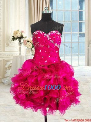Four Piece Hot Pink Three Pieces Organza Sweetheart Sleeveless Beading and Ruffles and Ruching Floor Length Lace Up Sweet 16 Quinceanera Dress