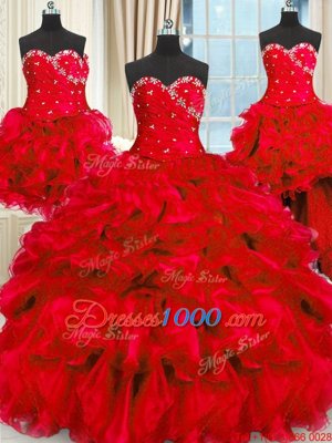 Four Piece Red Three Pieces Sweetheart Sleeveless Organza Floor Length Lace Up Beading and Ruffles and Ruching 15 Quinceanera Dress