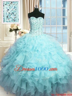 Free and Easy Baby Blue Organza Lace Up Sweetheart Sleeveless Floor Length Sweet 16 Dress Beading and Ruffles and Sequins
