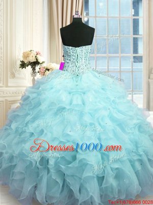 Free and Easy Baby Blue Organza Lace Up Sweetheart Sleeveless Floor Length Sweet 16 Dress Beading and Ruffles and Sequins