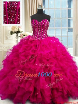 Shining Sleeveless Floor Length Beading and Ruffles and Sequins Lace Up Sweet 16 Dresses with Fuchsia