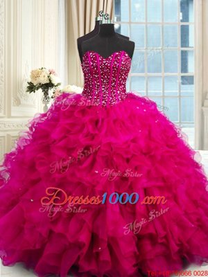 Shining Sleeveless Floor Length Beading and Ruffles and Sequins Lace Up Sweet 16 Dresses with Fuchsia