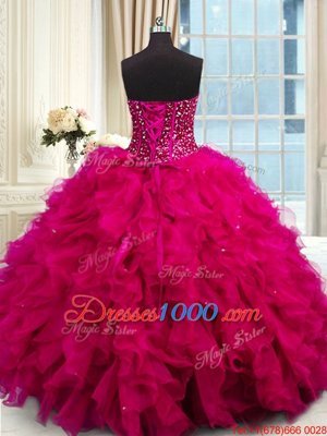 Shining Sleeveless Floor Length Beading and Ruffles and Sequins Lace Up Sweet 16 Dresses with Fuchsia