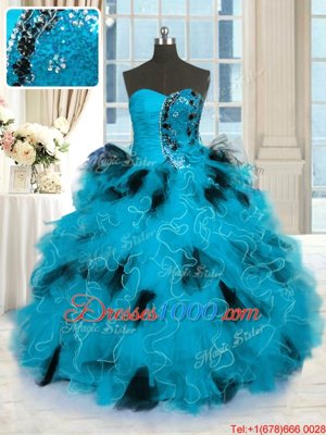 Sleeveless Tulle Floor Length Lace Up Sweet 16 Dresses in Blue And Black for with Beading and Ruffles