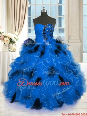 Discount Blue Sleeveless Beading and Ruffles Floor Length Quince Ball Gowns