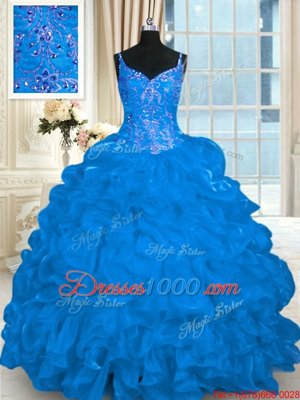 Nice Pick Ups Blue 15th Birthday Dress Spaghetti Straps Sleeveless Brush Train Lace Up
