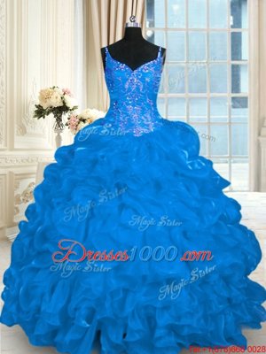 Nice Pick Ups Blue 15th Birthday Dress Spaghetti Straps Sleeveless Brush Train Lace Up