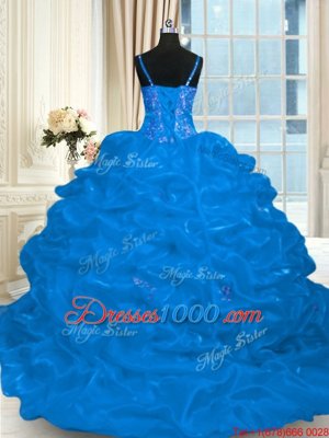 Nice Pick Ups Blue 15th Birthday Dress Spaghetti Straps Sleeveless Brush Train Lace Up
