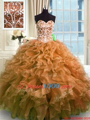 Brown Sleeveless Organza Lace Up Sweet 16 Quinceanera Dress for Military Ball and Sweet 16 and Quinceanera