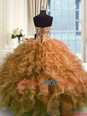 Brown Sleeveless Organza Lace Up Sweet 16 Quinceanera Dress for Military Ball and Sweet 16 and Quinceanera