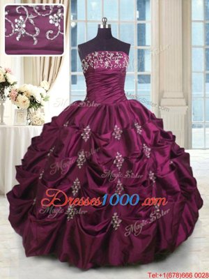 Flare Burgundy Sleeveless Beading and Appliques and Embroidery and Pick Ups Floor Length Quince Ball Gowns