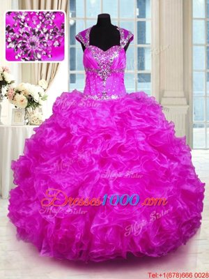 Unique Fuchsia Lace Up Straps Beading and Ruffles Sweet 16 Quinceanera Dress Organza Cap Sleeves