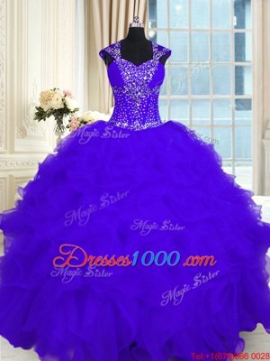 Purple Cap Sleeves Beading and Ruffles Floor Length Quinceanera Dresses