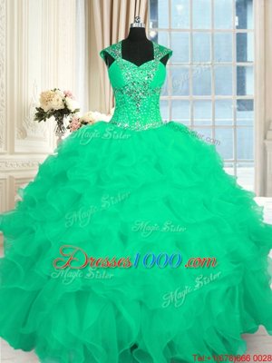 Modest Turquoise Ball Gowns Organza Straps Cap Sleeves Beading and Ruffles and Pattern Floor Length Lace Up Quinceanera Dress