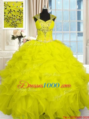 Floor Length Yellow Sweet 16 Dresses Straps Cap Sleeves Lace Up