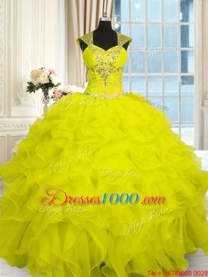 Floor Length Yellow Sweet 16 Dresses Straps Cap Sleeves Lace Up
