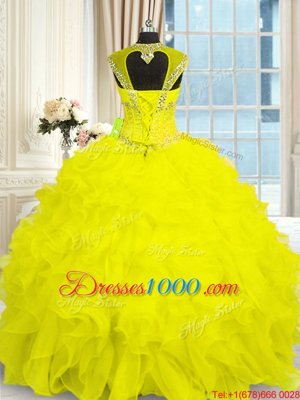 Floor Length Yellow Sweet 16 Dresses Straps Cap Sleeves Lace Up