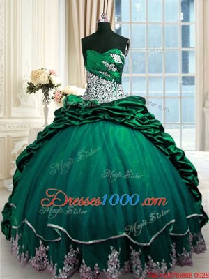 Fantastic Sleeveless Beading and Appliques and Pick Ups Lace Up Sweet 16 Dresses with Dark Green Brush Train