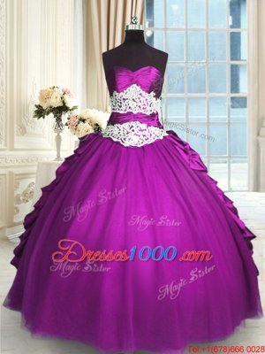High Quality Beading and Lace and Ruching and Pick Ups 15 Quinceanera Dress Eggplant Purple Lace Up Sleeveless Floor Length