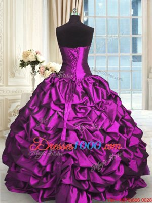 High Quality Beading and Lace and Ruching and Pick Ups 15 Quinceanera Dress Eggplant Purple Lace Up Sleeveless Floor Length