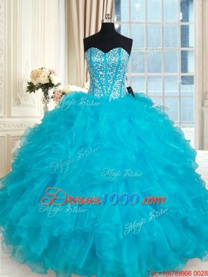 Aqua Blue Ball Gowns Organza Sweetheart Sleeveless Beading and Ruffles Floor Length Lace Up Quinceanera Dresses