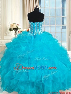 Aqua Blue Ball Gowns Organza Sweetheart Sleeveless Beading and Ruffles Floor Length Lace Up Quinceanera Dresses