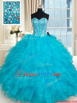 Aqua Blue Ball Gowns Organza Sweetheart Sleeveless Beading and Ruffles Floor Length Lace Up Quinceanera Dresses