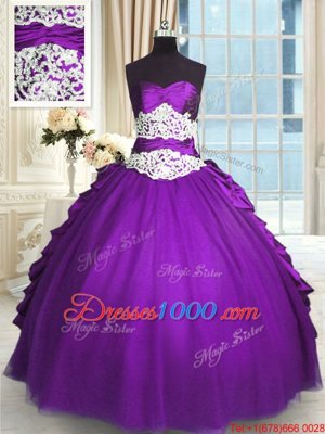 Cute Purple Lace Up Quinceanera Dresses Beading and Lace and Ruching and Pick Ups Sleeveless Floor Length