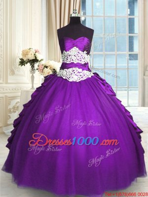 Cute Purple Lace Up Quinceanera Dresses Beading and Lace and Ruching and Pick Ups Sleeveless Floor Length