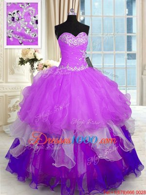 Pretty Multi-color Ball Gowns Organza Sweetheart Sleeveless Beading and Ruffles Floor Length Lace Up Sweet 16 Dress
