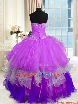 Pretty Multi-color Ball Gowns Organza Sweetheart Sleeveless Beading and Ruffles Floor Length Lace Up Sweet 16 Dress