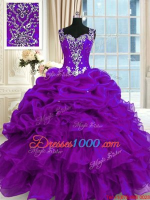 Classical Purple Organza Lace Up Straps Sleeveless Floor Length Vestidos de Quinceanera Beading and Ruffles and Pick Ups
