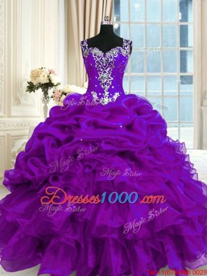 Classical Purple Organza Lace Up Straps Sleeveless Floor Length Vestidos de Quinceanera Beading and Ruffles and Pick Ups