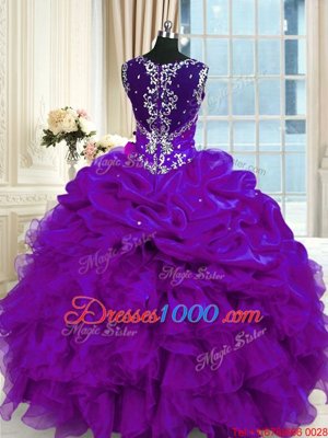 Classical Purple Organza Lace Up Straps Sleeveless Floor Length Vestidos de Quinceanera Beading and Ruffles and Pick Ups