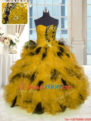 Gold Ball Gowns Tulle Strapless Sleeveless Beading and Ruffles Floor Length Lace Up Quinceanera Dresses