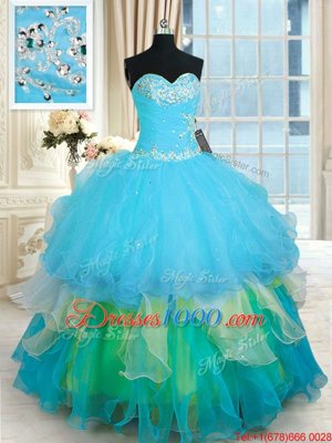 Pretty Floor Length Lace Up Quinceanera Gowns Multi-color and In for Military Ball and Sweet 16 and Quinceanera with Beading and Ruffled Layers