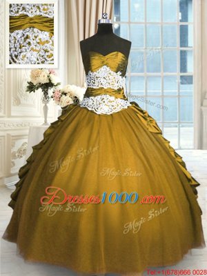 Sleeveless Taffeta and Tulle Floor Length Lace Up 15 Quinceanera Dress in Olive Green for with Beading and Appliques and Pick Ups