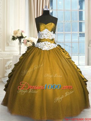 Sleeveless Taffeta and Tulle Floor Length Lace Up 15 Quinceanera Dress in Olive Green for with Beading and Appliques and Pick Ups