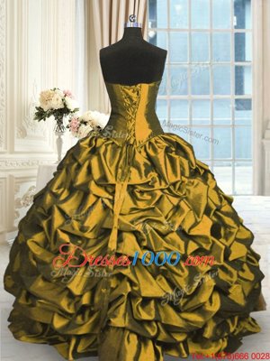 Sleeveless Taffeta and Tulle Floor Length Lace Up 15 Quinceanera Dress in Olive Green for with Beading and Appliques and Pick Ups
