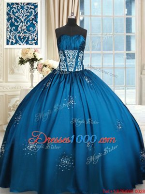 Gorgeous Blue and Teal Quinceanera Gown Military Ball and Sweet 16 and Quinceanera and For with Beading and Appliques and Ruching Strapless Sleeveless Lace Up