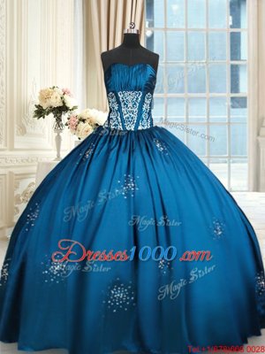 Gorgeous Blue and Teal Quinceanera Gown Military Ball and Sweet 16 and Quinceanera and For with Beading and Appliques and Ruching Strapless Sleeveless Lace Up
