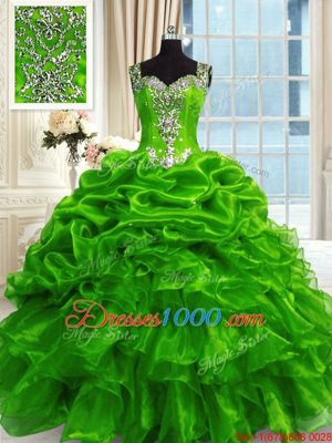 Green Lace Up Straps Beading and Ruffles and Pick Ups Quinceanera Dress Organza Sleeveless