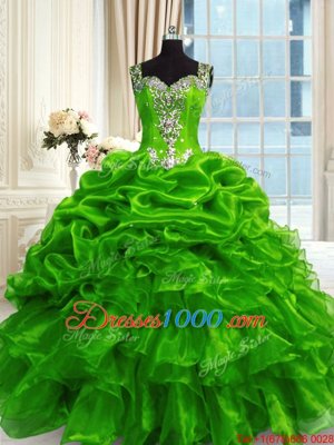 Green Lace Up Straps Beading and Ruffles and Pick Ups Quinceanera Dress Organza Sleeveless