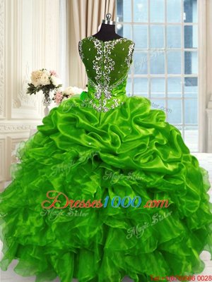 Green Lace Up Straps Beading and Ruffles and Pick Ups Quinceanera Dress Organza Sleeveless