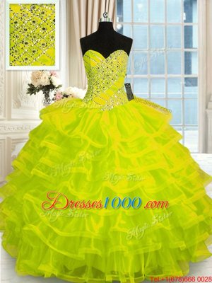 Floor Length Yellow Green Quinceanera Dresses Organza Sleeveless Beading and Ruffled Layers