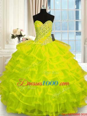 Floor Length Yellow Green Quinceanera Dresses Organza Sleeveless Beading and Ruffled Layers